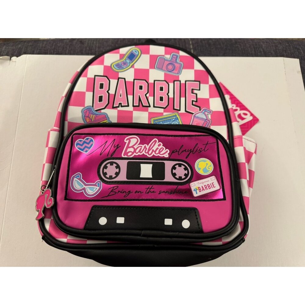 New Barbie Play My Music Women's Mini Backpack Pink Checkered 10.5" E4